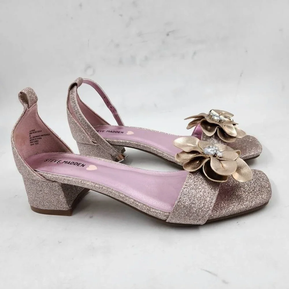Steve Madden Lessa Flower Embellished Block Heel Sandals Girl's 4 Rose Gold